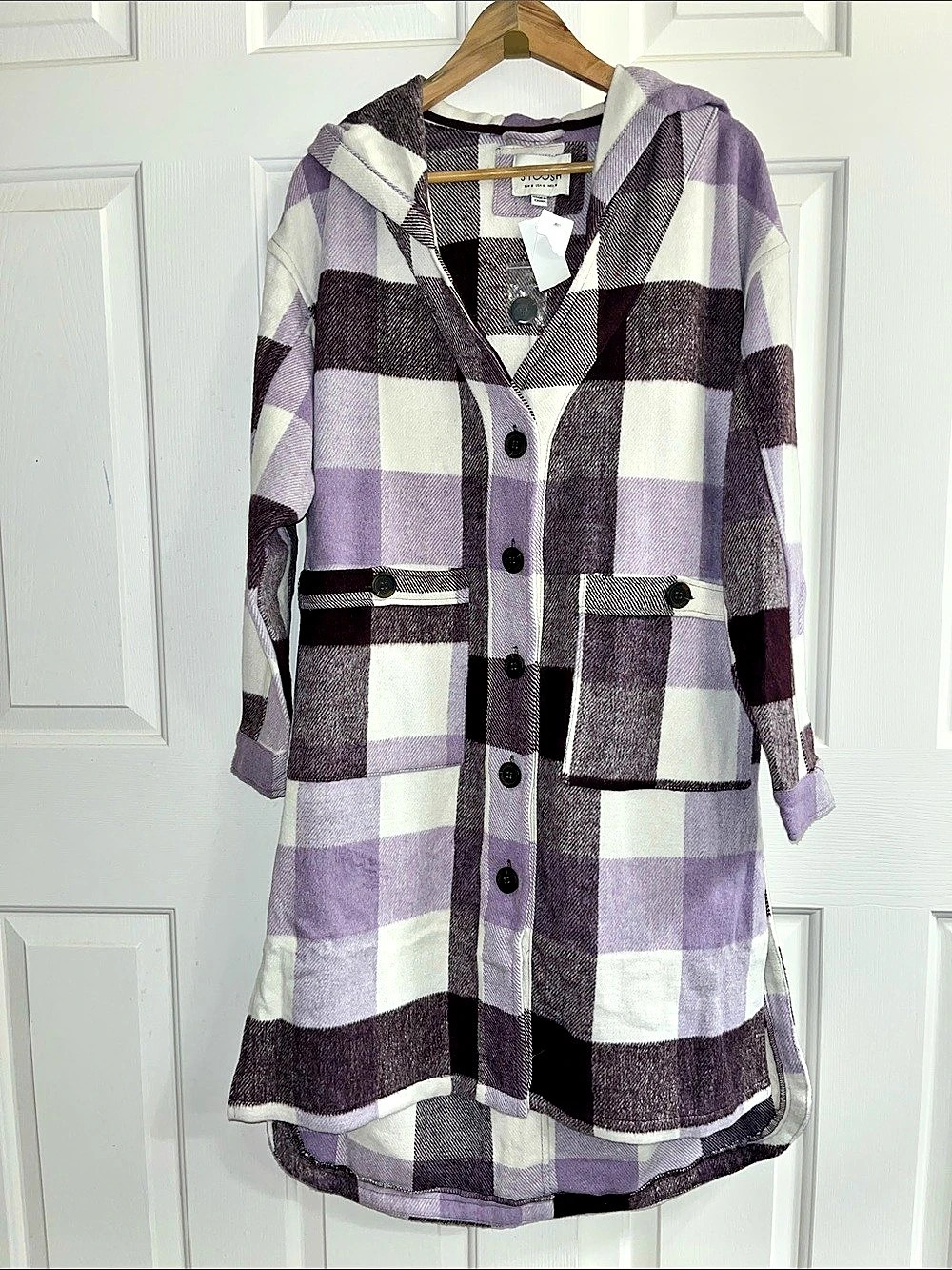 STOOSH Women’s Plaid Hooded Shacket Coat in Purple/Plum Buffalo Size Medium NWT